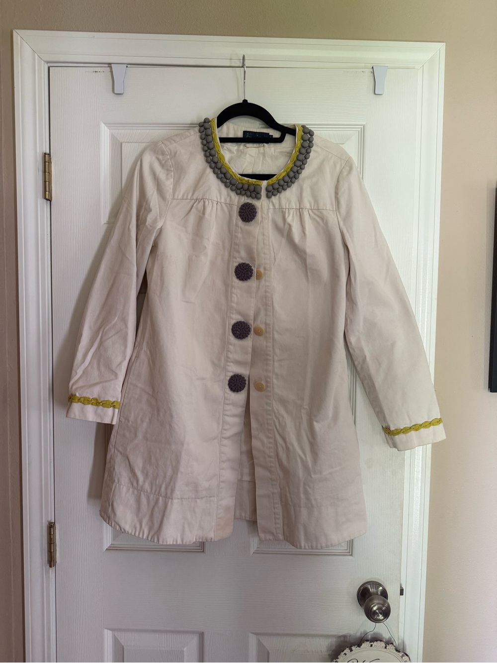 Boden Cream Trench Coat with Gray Pom-Pom Buttons and Yellow Trim